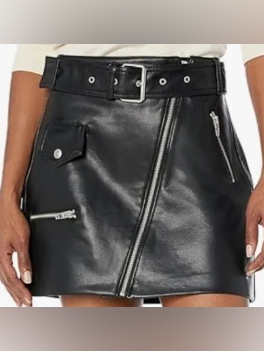 Blank NYC Black Faux Leather Belted Mini Skirt with Asymmetric Zip 31